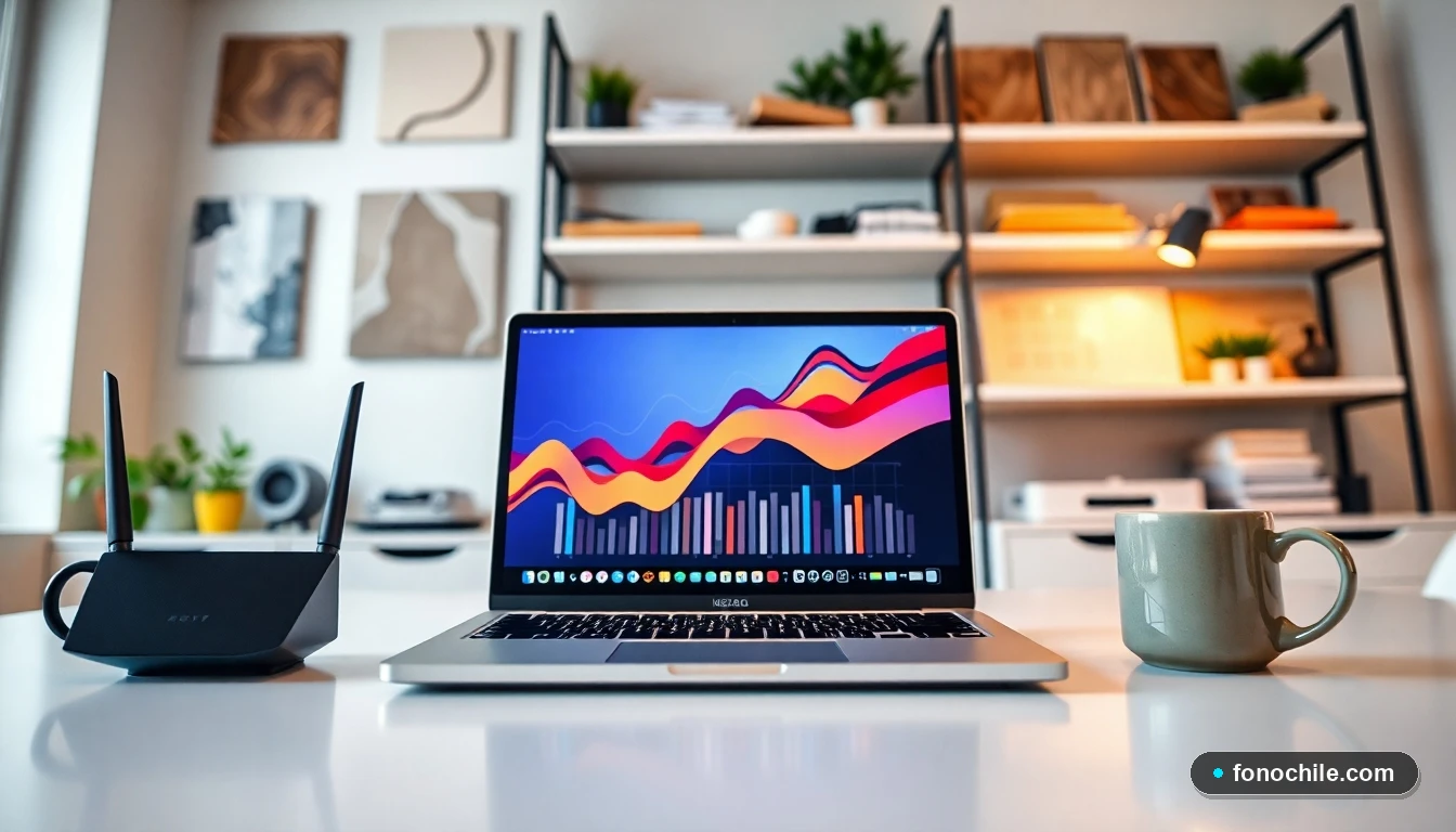 Vista amplia de una oficina en casa con laptop, router y muestras de materiales de construcción, iluminación natural suave.