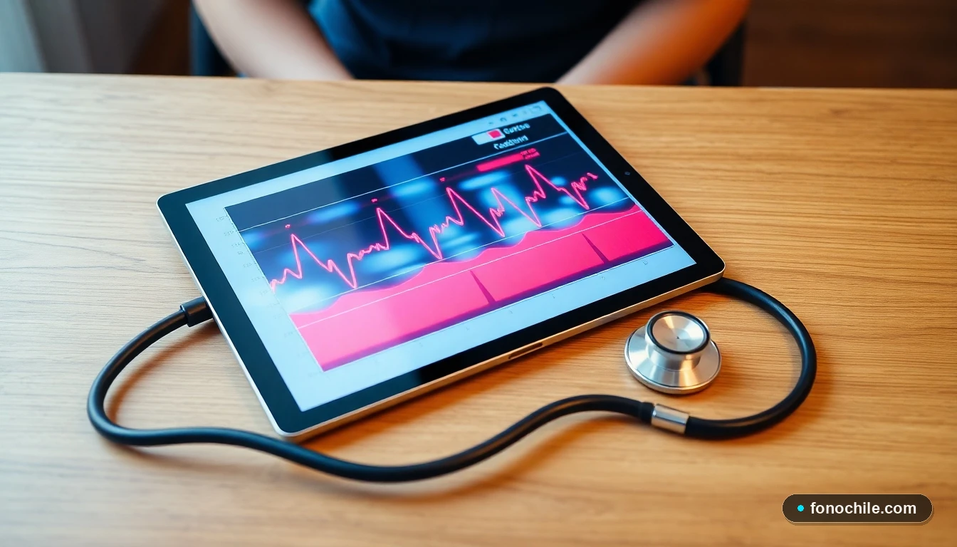 Tablet mostrando gráficos de flujo sanguíneo color rojo y azul en un escritorio, representando una ecografía Doppler.