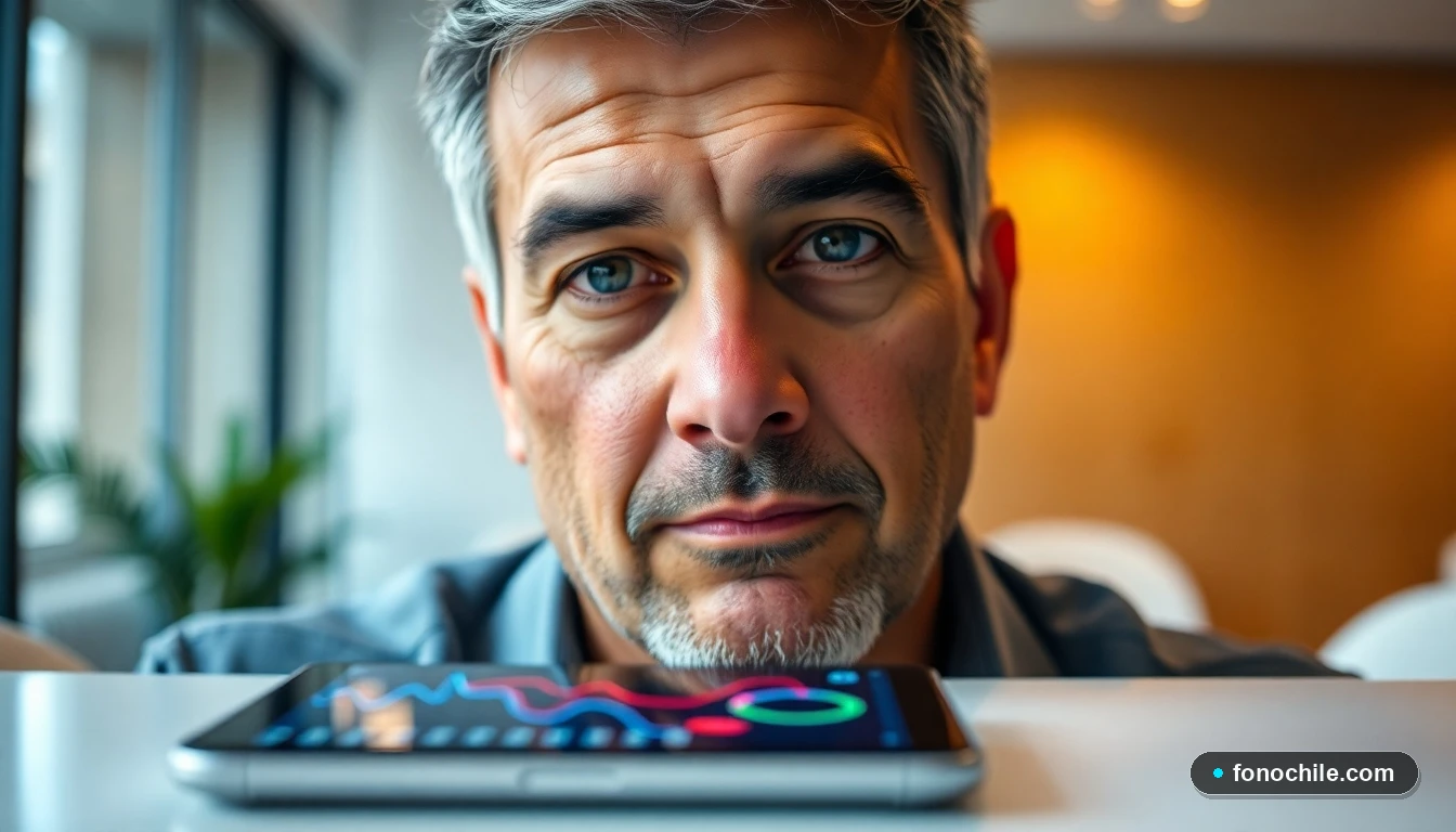 Primer plano de un representante de servicio al cliente de Edenred Chile, un hombre hispano, con dispositivos tecnológicos en una mesa mostrando gráficos abstractos.