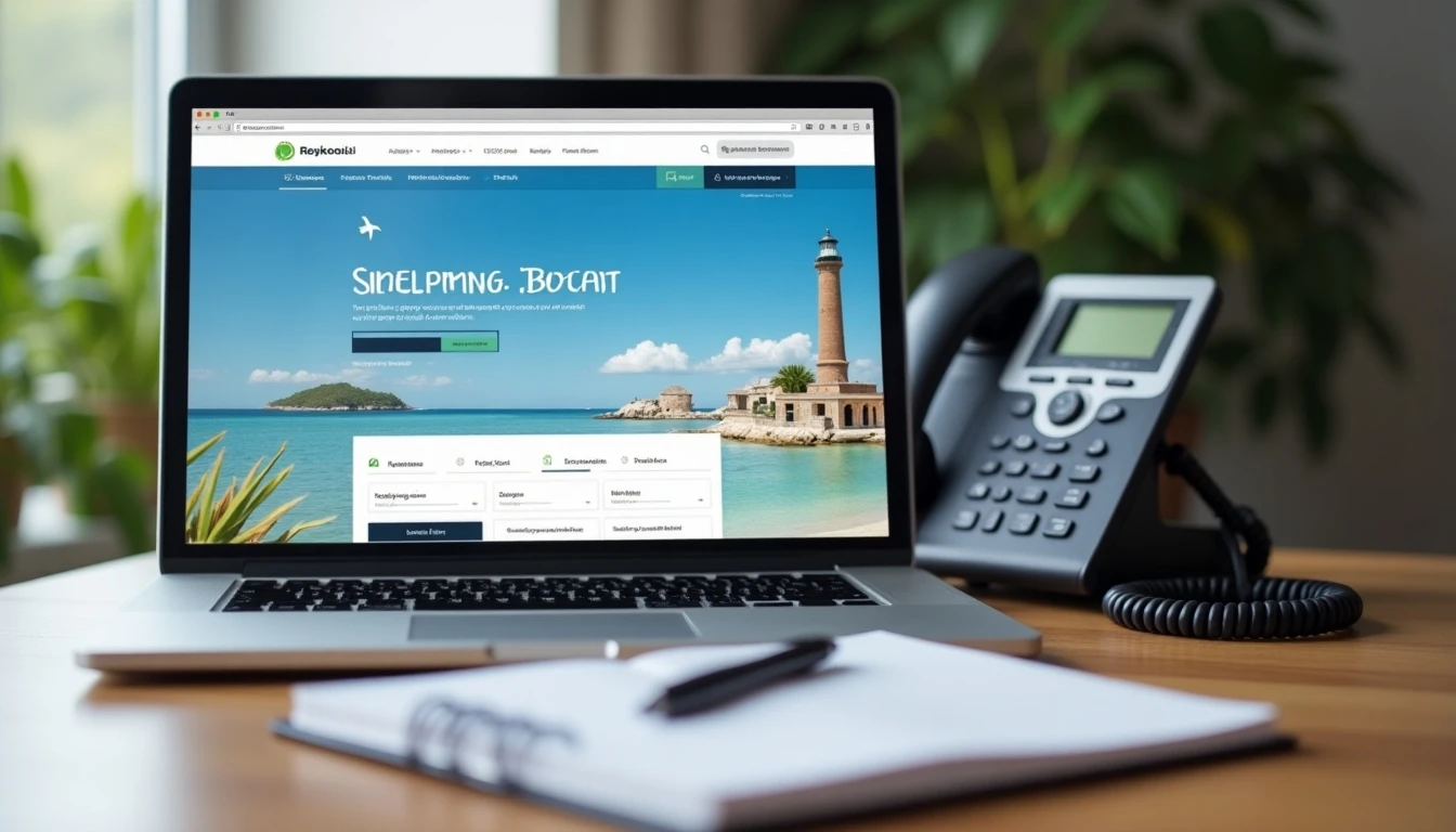 Lugar de trabajo con laptop, teléfono y libreta para contactar al servicio de eDreams