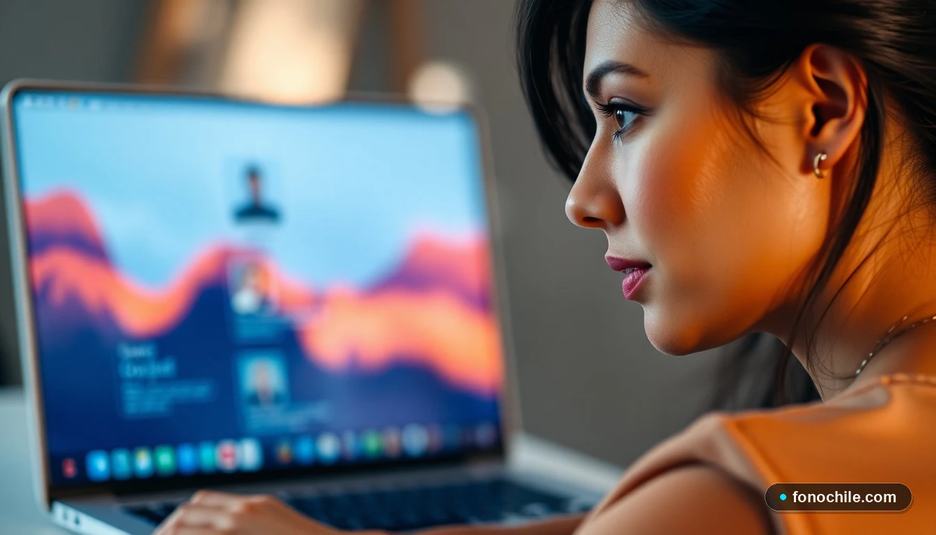 Primer plano de una agente de atención al cliente de eDreams escuchando atentamente, con tecnología de soporte en el fondo desenfocado.