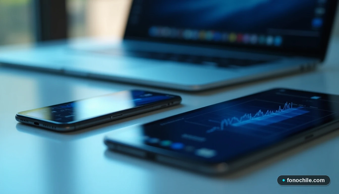 Dispositivos móviles y portátil en un escritorio moderno, mostrando interfaces de usuario genéricas para representar la seguridad en todos los dispositivos.