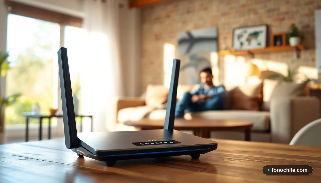 Router WiFi 6 moderno en un hogar chileno, mostrando gráficos abstractos de conectividad de red en su pantalla.