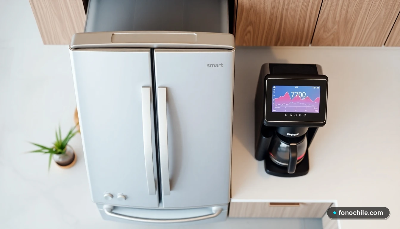 Electrodomésticos inteligentes en una cocina moderna chilena mostrando gráficos de eficiencia energética