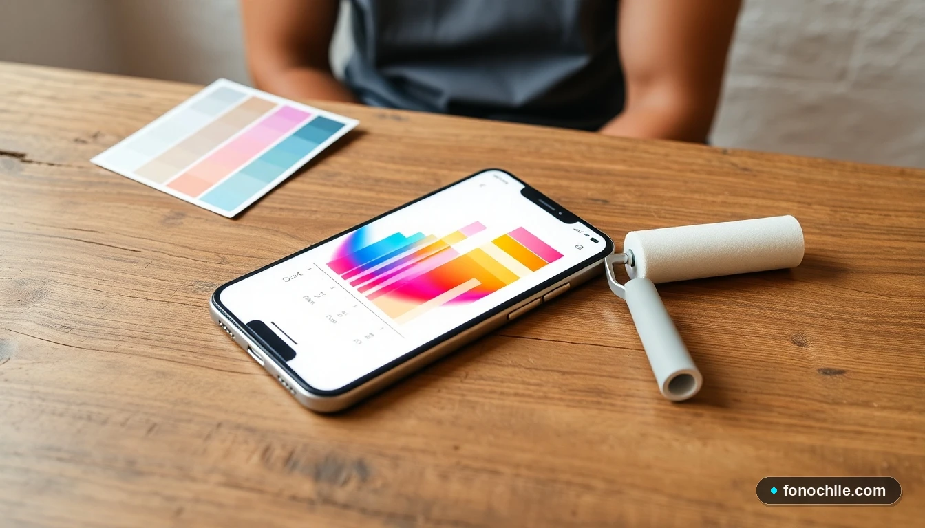Smartphone mostrando paleta de colores de pintura para interiores junto a rodillo y muestrario sobre mesa de madera.