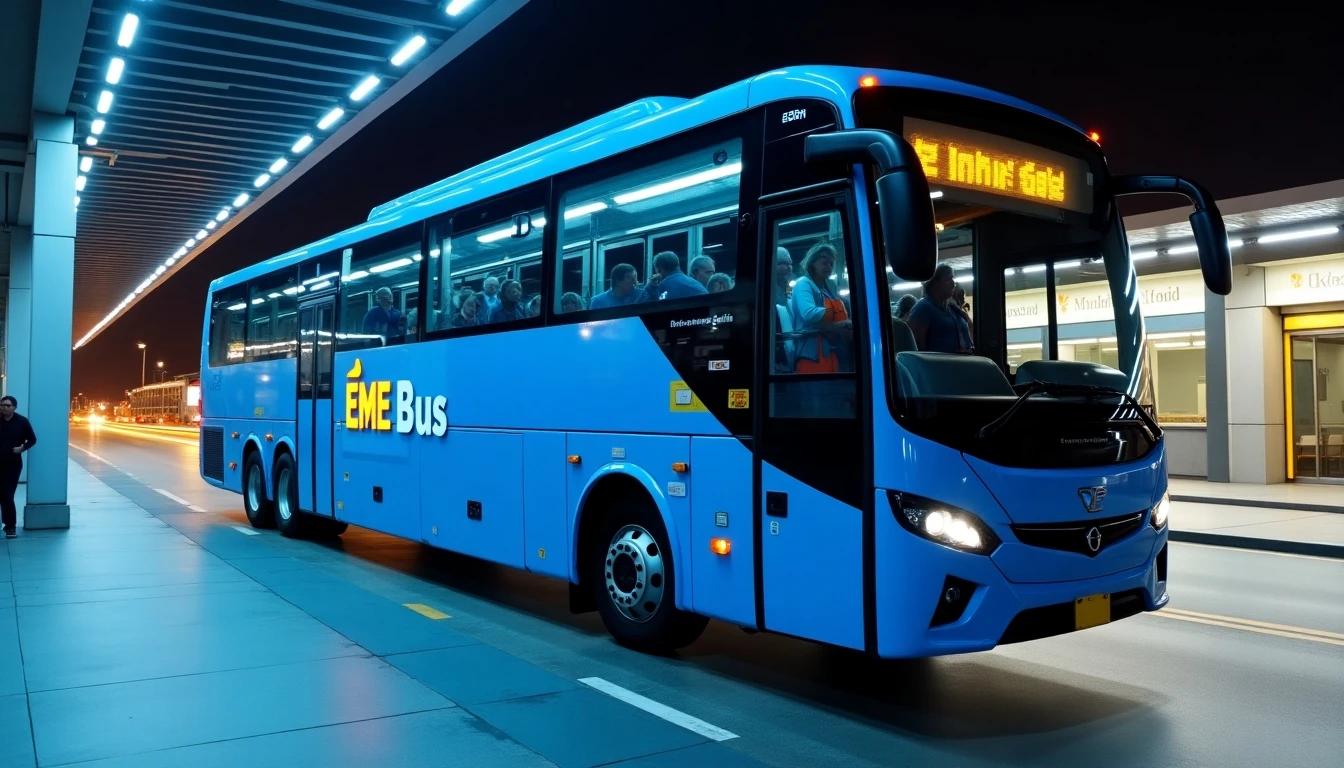 Flota moderna de autobuses EME Bus estacionada en terminal, lista para viajar por Chile.