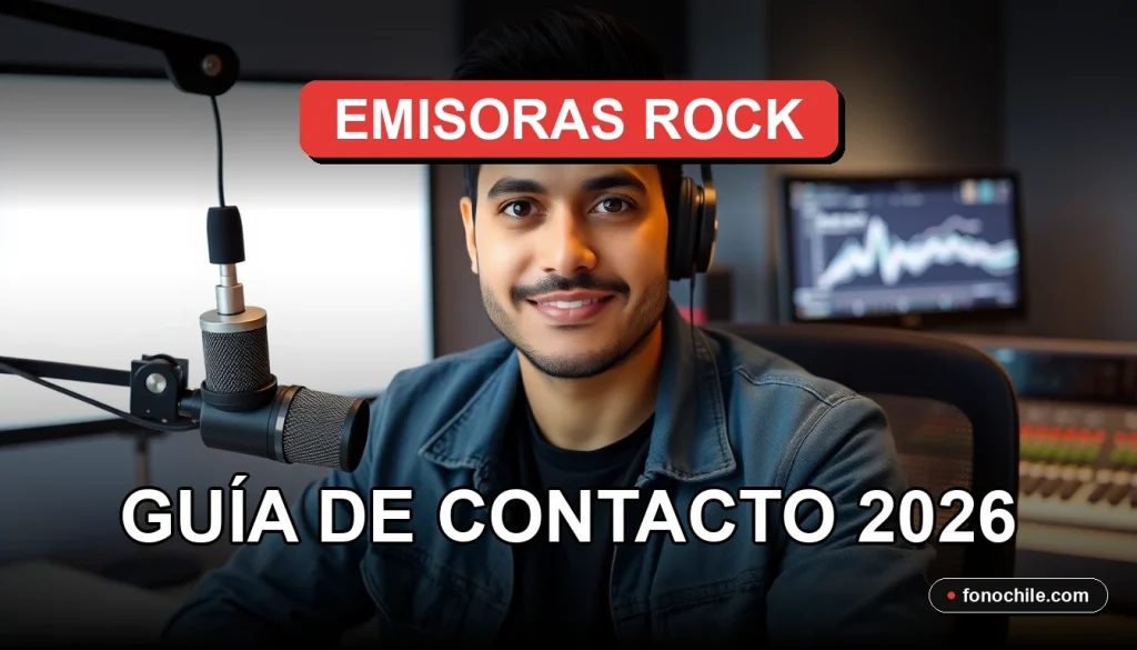 Guía de contacto para emisoras de rock chileno en 2026, mostrando un estudio de radio moderno.