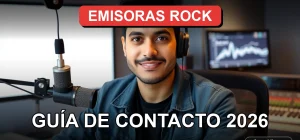 Guía de contacto para emisoras de rock chileno en 2026, mostrando un estudio de radio moderno.