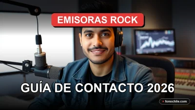 Guía de contacto para emisoras de rock chileno en 2026, mostrando un estudio de radio moderno.