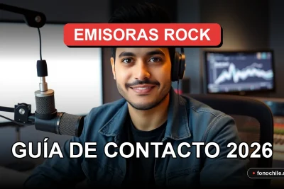 Guía de contacto para emisoras de rock chileno en 2026, mostrando un estudio de radio moderno.