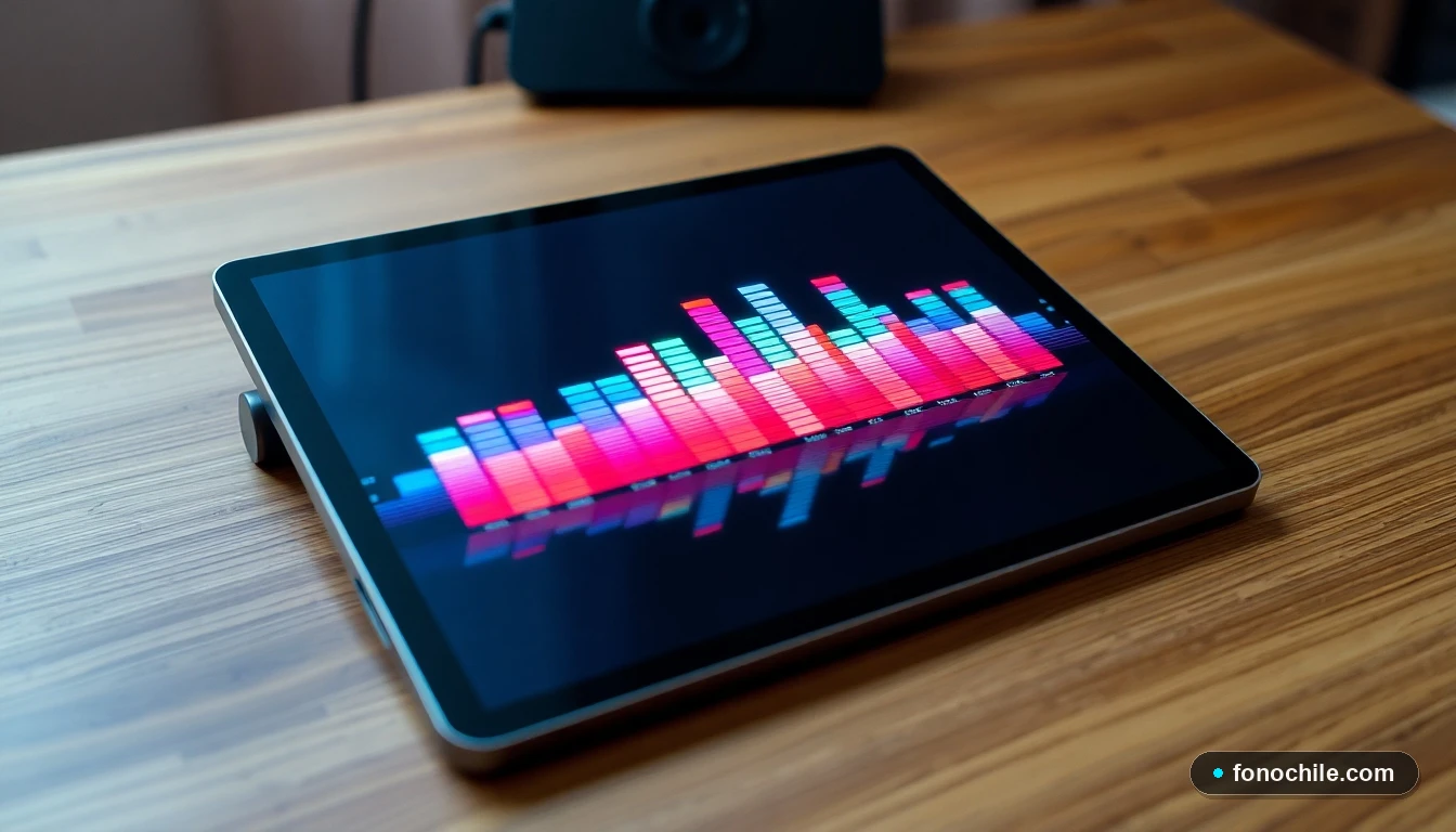 Visualización abstracta y colorida de un ecualizador de radio representando las frecuencias de las emisoras de rock chilenas.