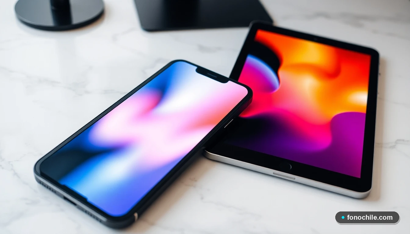Smartphone y tablet certificados mostrando visualizaciones de datos seguras en un entorno de oficina moderno.