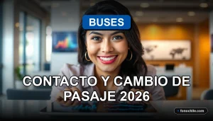 Mujer sonriente en agencia de buses revisando información de contacto y pasajes en pantalla con gráficos abstractos.