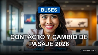 Mujer sonriente en agencia de buses revisando información de contacto y pasajes en pantalla con gráficos abstractos.