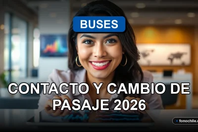 Mujer sonriente en agencia de buses revisando información de contacto y pasajes en pantalla con gráficos abstractos.