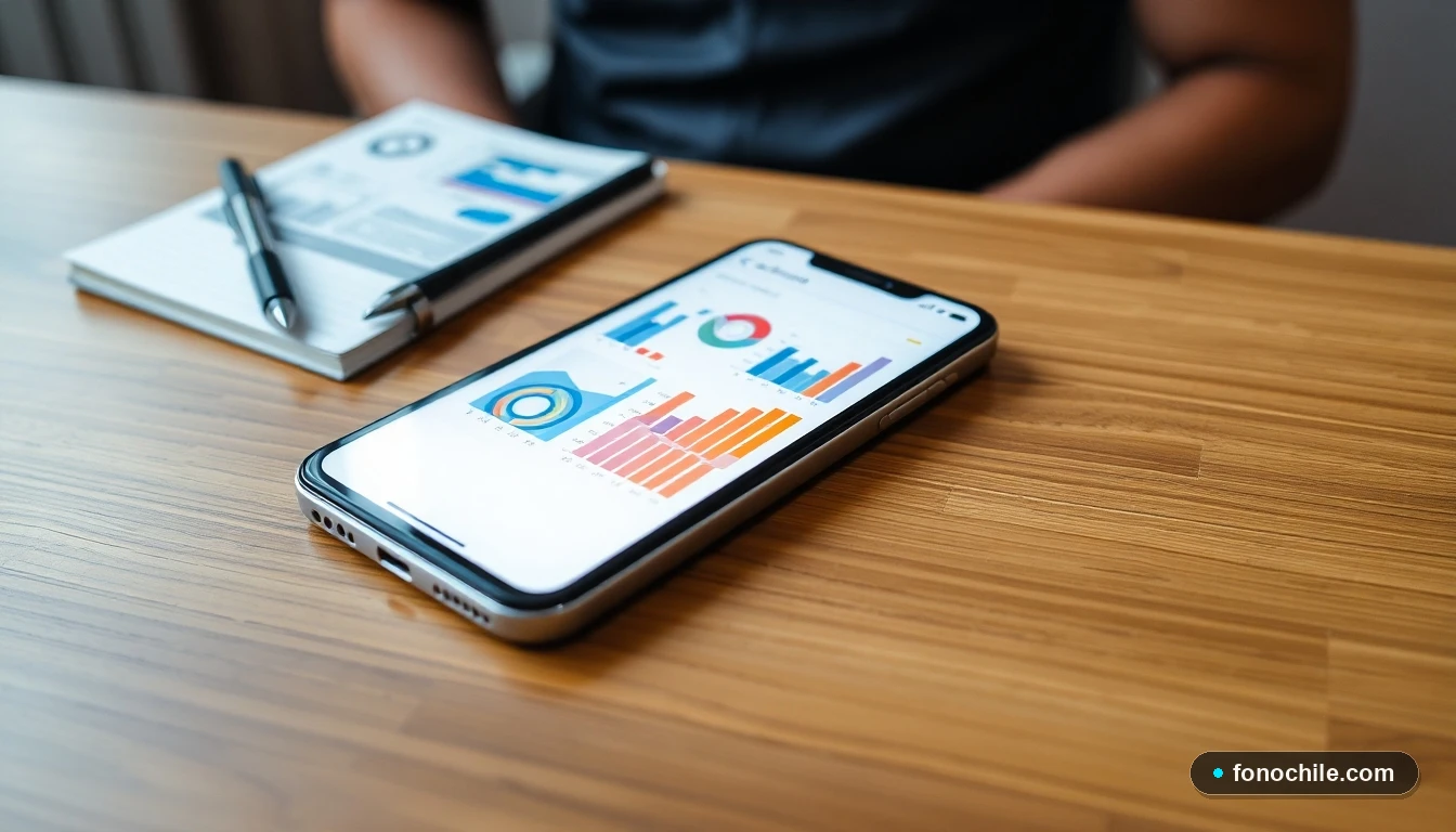 Smartphone mostrando gráficos abstractos de datos sobre transporte y viajes en Chile, sobre una mesa de madera.