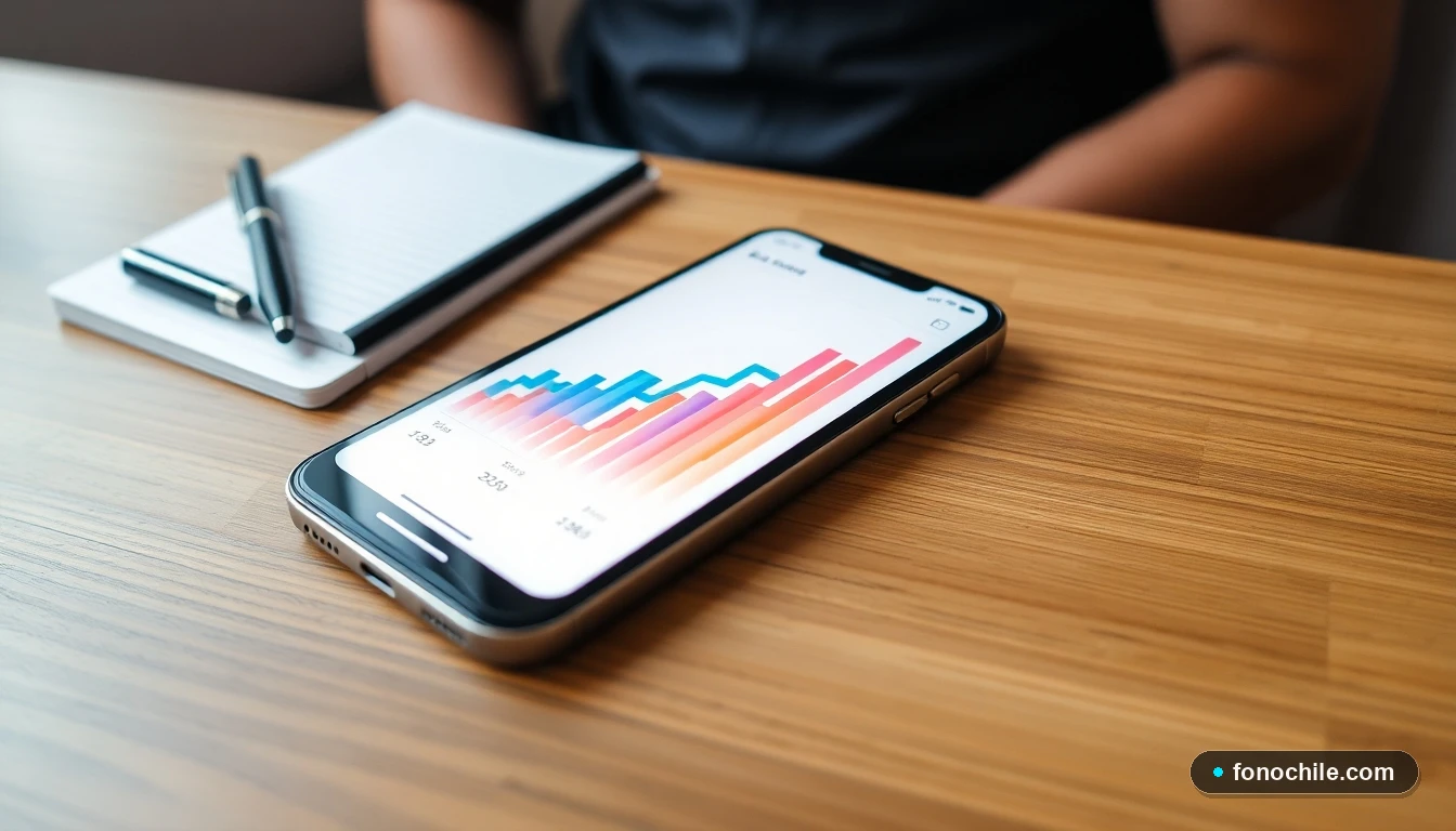 Smartphone mostrando gráficos de consumo eléctrico en una mesa, análisis de empresas de luz.