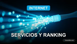 Abstracto de fibra óptica brillante en un túnel de luz azul, representando alta velocidad y cobertura en Chile.