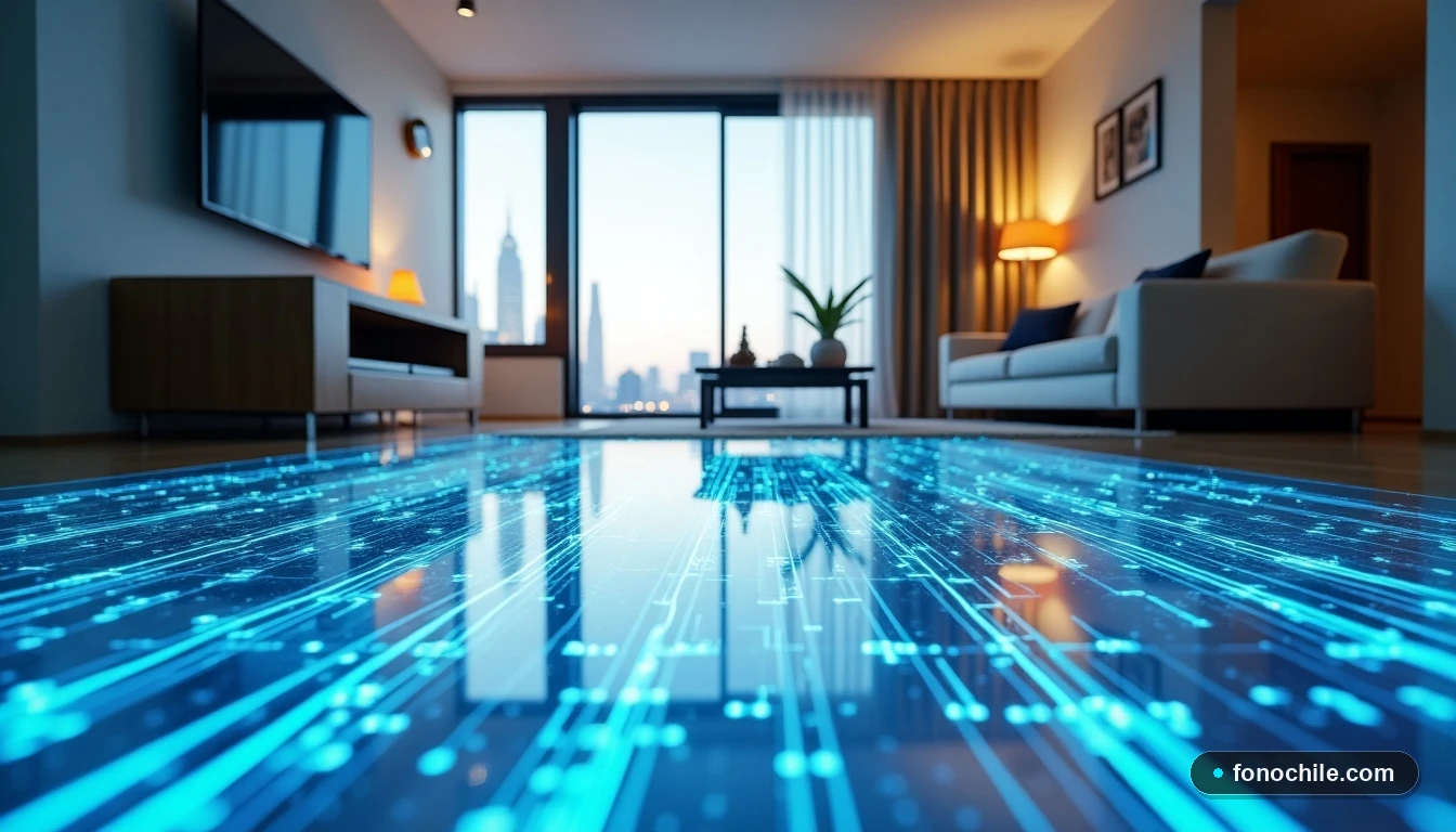 Infraestructura de fibra óptica bajo un piso de vidrio en un departamento moderno y minimalista.