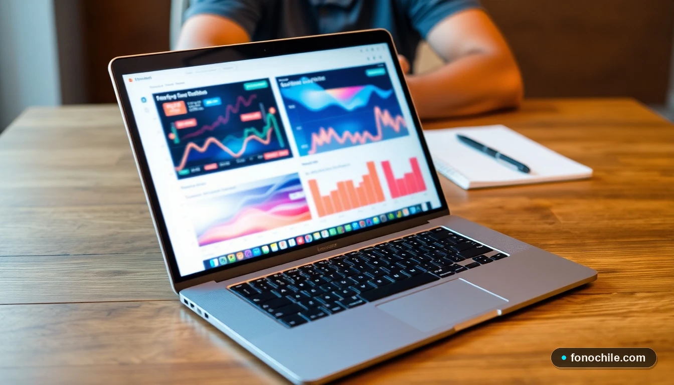 Pantalla de laptop mostrando análisis de datos de transporte y logística en Chile con gráficos abstractos de colores.