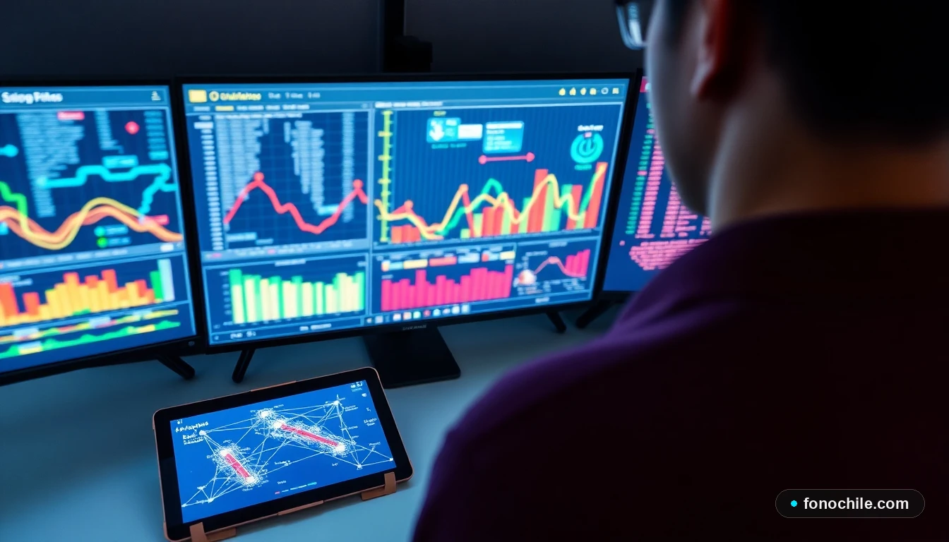 Panel de control tecnológico de una empresa de logística en Chile mostrando gráficos de flujo de red y rutas de entrega optimizadas.