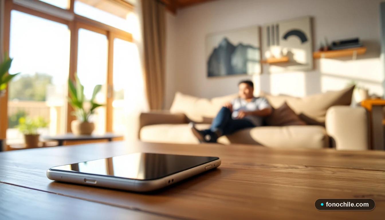 Smartphone mostrando gráficos de uso de datos y cobertura en un entorno hogareño en Chile, para evaluar planes móviles.