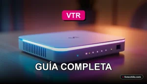 Un moderno router VTR con luces LED azules y rosadas, sobre una mesa de madera clara con fondo desenfocado.