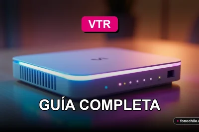 Un moderno router VTR con luces LED azules y rosadas, sobre una mesa de madera clara con fondo desenfocado.