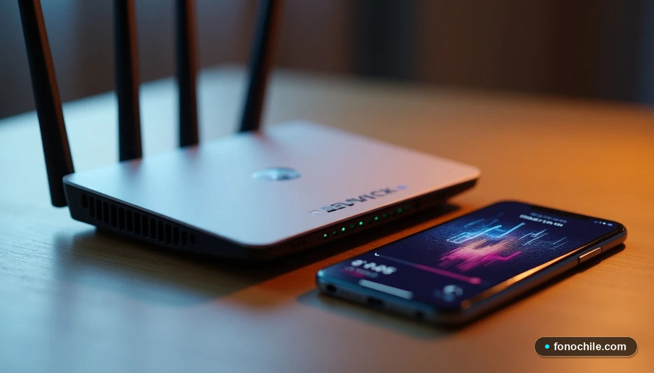 Router y smartphone mostrando gráficos abstractos, sobre una mesa de madera, vista desde un ángulo lateral bajo.