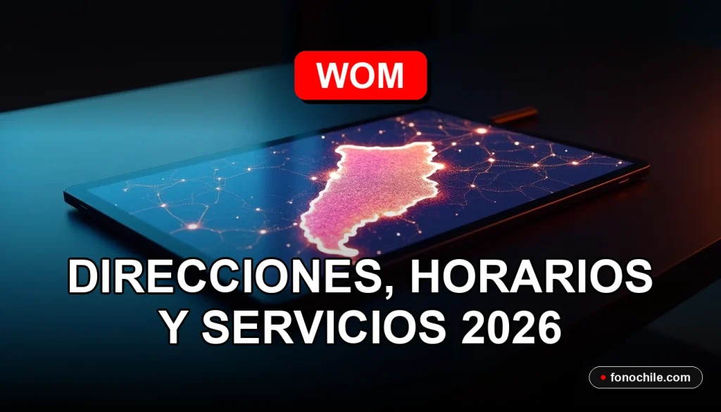 Mapa digital abstracto de Chile con puntos de conexión brillantes sobre un fondo oscuro, representando la cobertura y ubicación de sucursales WOM.