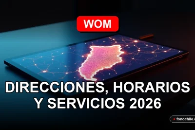 Mapa digital abstracto de Chile con puntos de conexión brillantes sobre un fondo oscuro, representando la cobertura y ubicación de sucursales WOM.