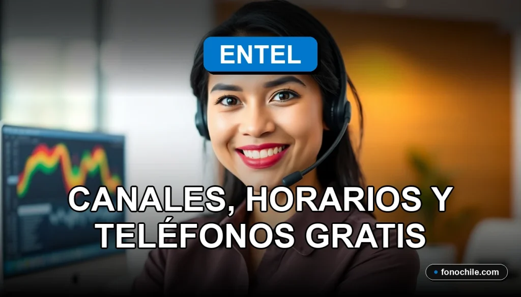 Mujer latina representando el servicio de atención al cliente de Entel, sonriendo y con auriculares de oficina.