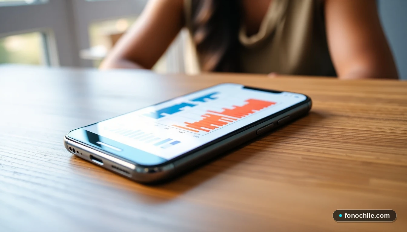 Smartphone mostrando gráficos abstractos de colores sobre métricas de servicio al cliente, sobre una mesa de madera.