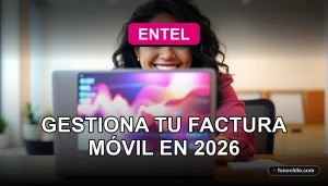 Una mujer latina sonríe mientras revisa la factura de su móvil Entel en su computador portátil, mostrando gráficos abstractos de colores en la pantalla.