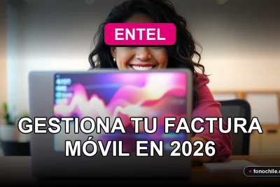 Una mujer latina sonríe mientras revisa la factura de su móvil Entel en su computador portátil, mostrando gráficos abstractos de colores en la pantalla.