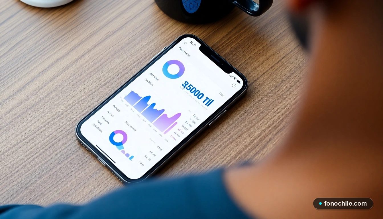 Smartphone mostrando un resumen abstracto y colorido de una cuenta de servicios móviles en Chile.