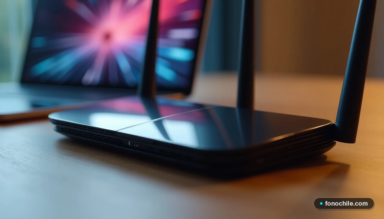 Vista lateral baja de router y dispositivos modernos en una mesa, con pantallas mostrando gráficos abstractos.