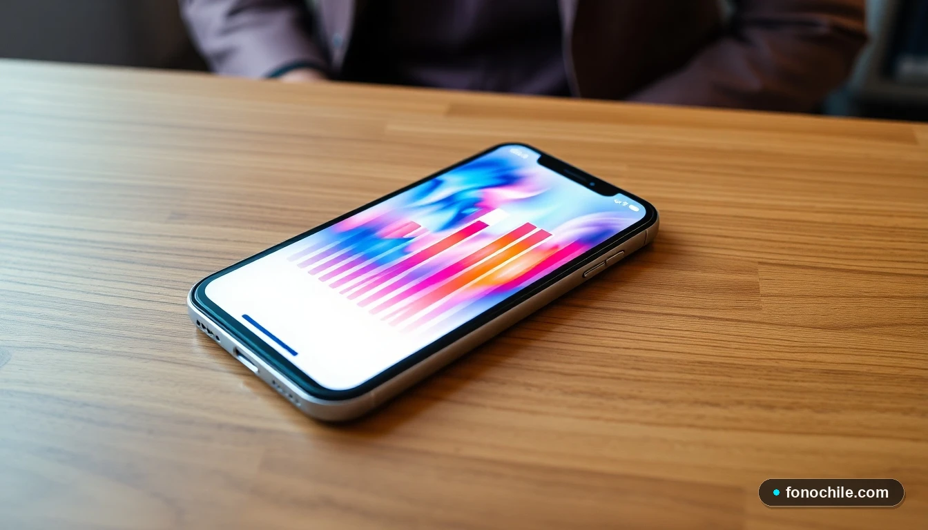 Smartphone mostrando gráficos de datos abstractos sobre servicio al cliente en un escritorio moderno.