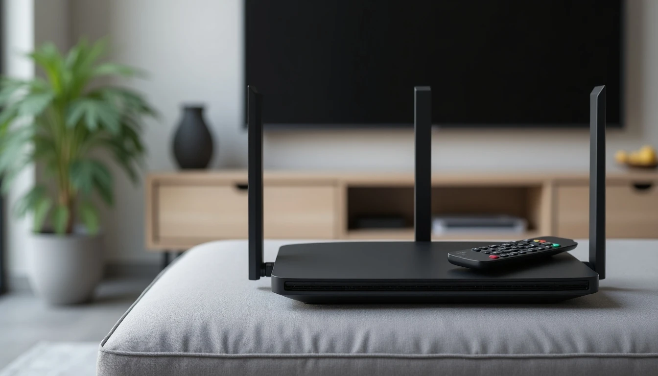 Router y control remoto de Entel representando servicios de fibra óptica y televisión