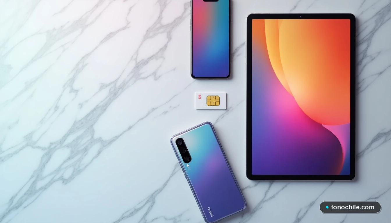 Disposición aérea de un smartphone, una tablet y una tarjeta SIM sobre una superficie de mármol blanco, todas mostrando interfaces genéricas difusas.