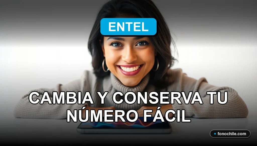Una mujer latina sonríe con confianza mientras usa su teléfono móvil, representando el servicio de portabilidad numérica fácil de Entel.