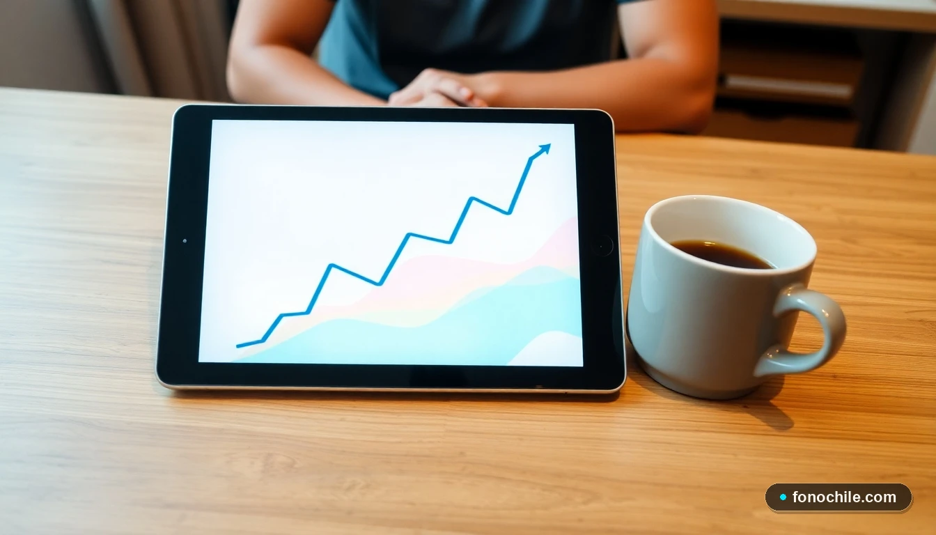 Gráfico abstracto de tendencia al alza que representa el crecimiento de la portabilidad numérica en Chile, mostrado en una tablet sobre una mesa.