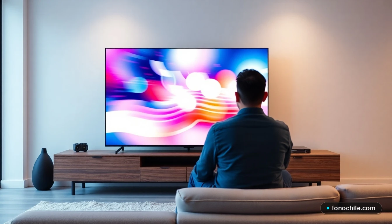 Televisor moderno mostrando una interfaz de TV digital abstracta en una sala de estar contemporánea.