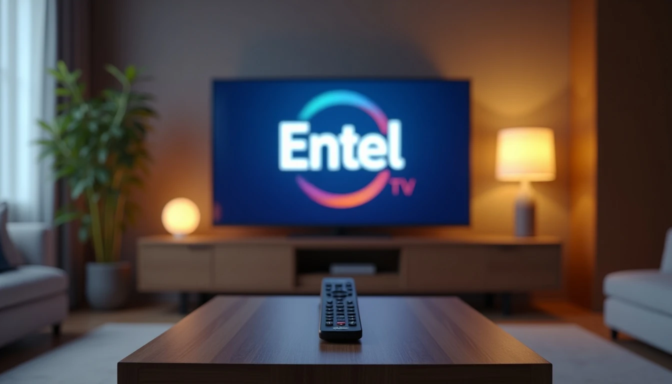 Entel TV en una moderna sala de estar con televisor pantalla plana y control remoto