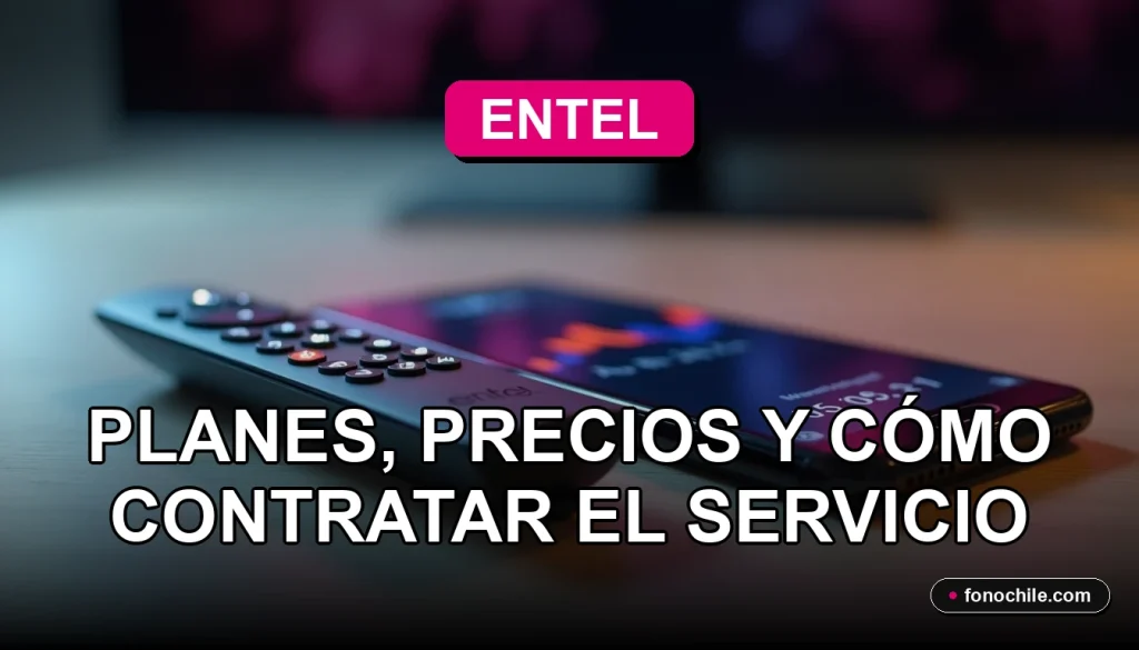 Moderno control remoto de Entel TV y un smartphone sobre una mesa de madera clara, mostrando gráficos abstractos en sus pantallas.