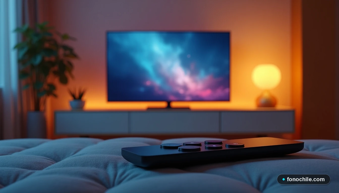 Vista superior de un televisor inteligente mostrando una interfaz de usuario difusa, con el control remoto de Entel en primer plano sobre una superficie texturada.