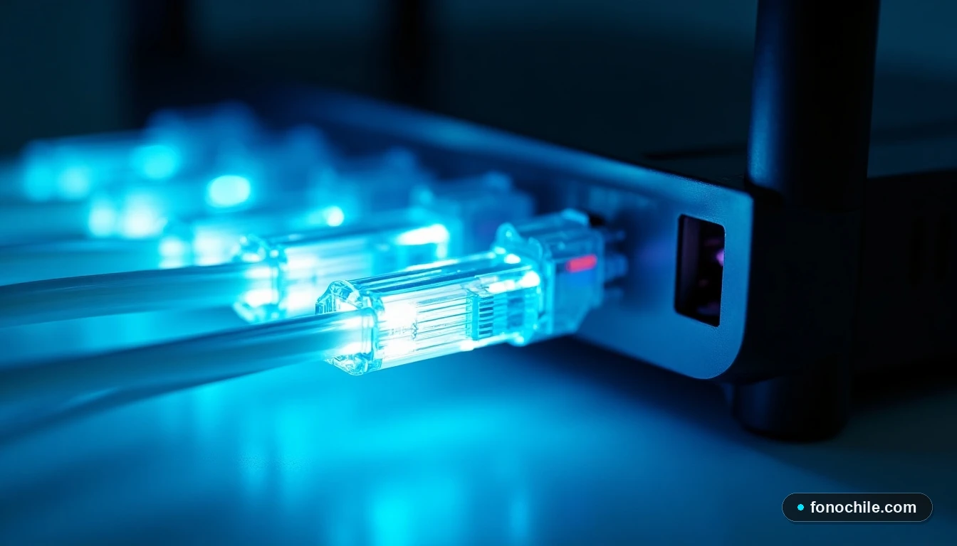 Primer plano detallado de cables de fibra óptica iluminados con pulsos de luz LED azul, representando alta velocidad de internet.