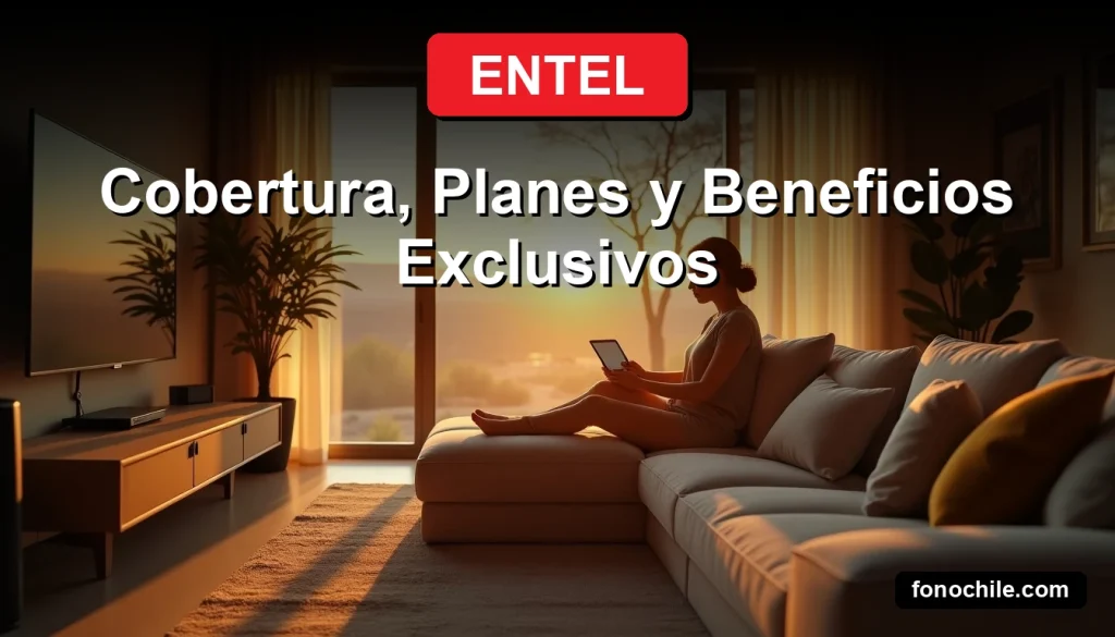 A woman relaxes on her sofa with a tablet, surrounded by seamless smart home connectivity from her Entel Wifi Hogar service.