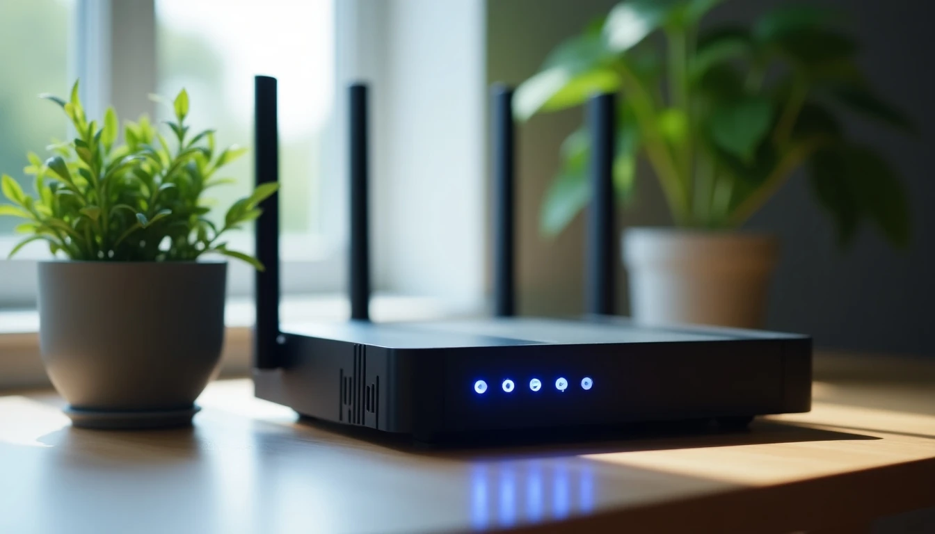 Router moderno de Entel Wifi Hogar con luces LED azules encendidas, sobre un escritorio de madera.