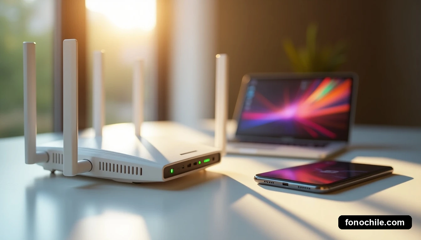 Router, smartphone y tablet modernos en una mesa, con visualizaciones abstractas de datos en sus pantallas, iluminados por luz natural cálida.